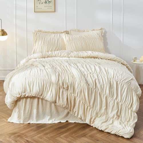 Wheat Queen Size Ruching Comforter Set - Luxurious Bedding with Shabby Chic Ruffles