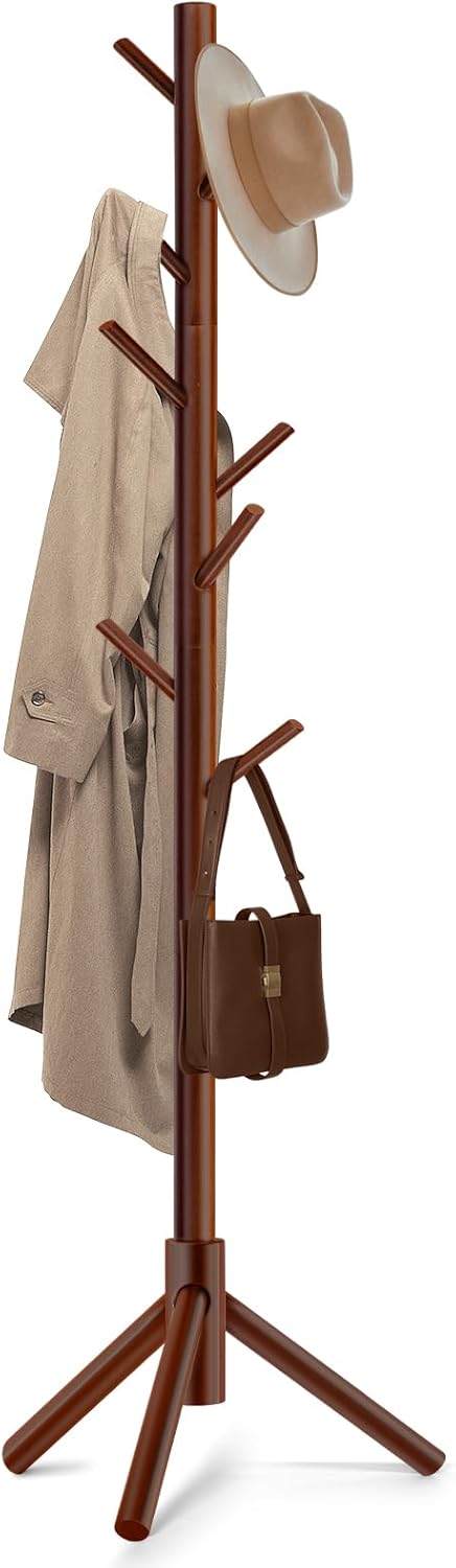 Solid Wooden Coat Rack - Freestanding New Zealand Pine Tree with 8 Hooks | Adjustable Sizes for Coats, Hats, and Handbags (Brown)