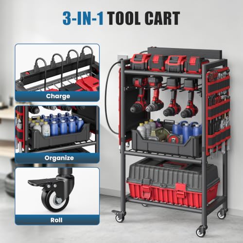 Power Tool Organizer Cart with Charging Station, 8 AC Outlets, 6.5 FT Cord