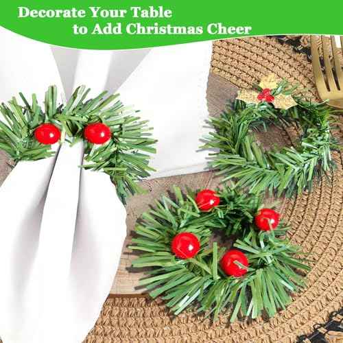 Christmas Napkin Rings Set of 12, Holly Pine Needle Berry Napkin Rings Bow Wreath Leaf Napkin Ring Holders for Christmas Holiday Banquet Party Table Decoration, 4 Style