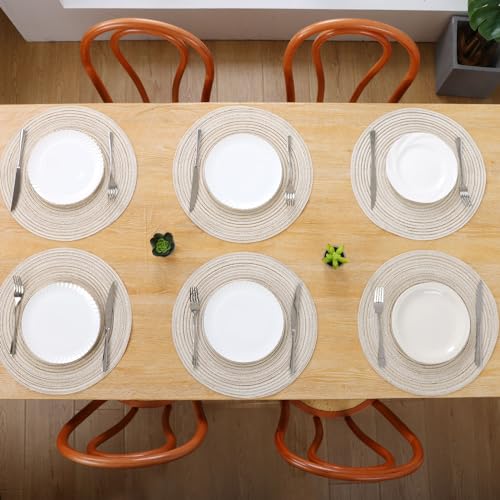 SHACOS Ivory Set of 6 Round Braided Placemats 15 Inch Washable Table Mats for Dining