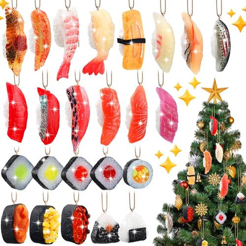 24 Pcs Christmas Sushi Ornaments Set with Gold Ropes Holiday Food Decorations