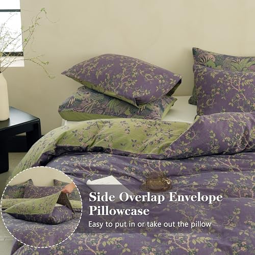 Queen Size Purple Floral Muslin Duvet Cover Set with Zipper & Corner Ties