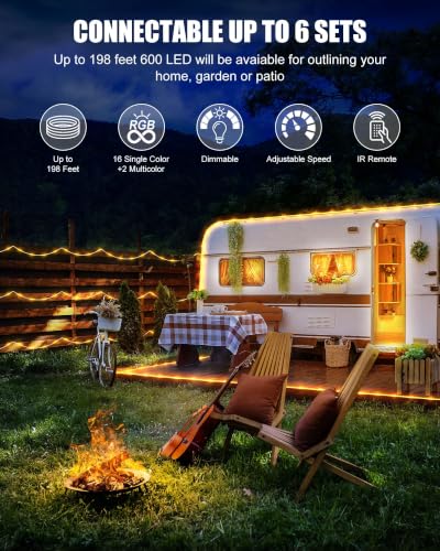Minetom 66ft Connectable RGB Outdoor Rope Lights - 200 LED, 18 Colors, Remote Control