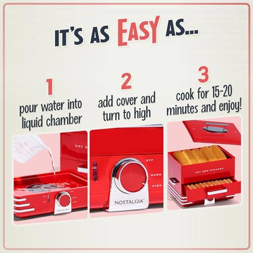 Large Hot Dog Steamer and Bun Warmer - 20 Hot Dogs & 6 Buns, Red