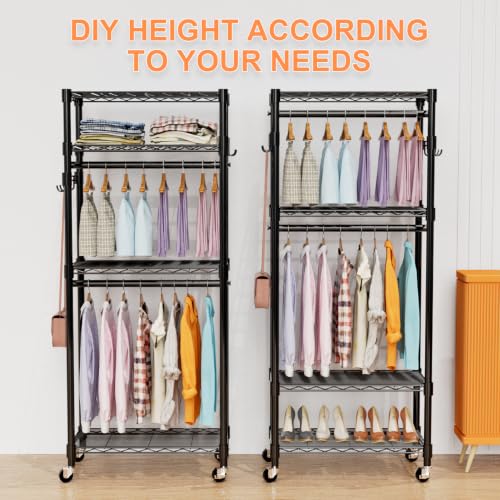 Adjustable Clothes Rack with 4 Tiers, Side Hooks, and Drawer - Black, 23" L x 13.18" W x 78.74" H