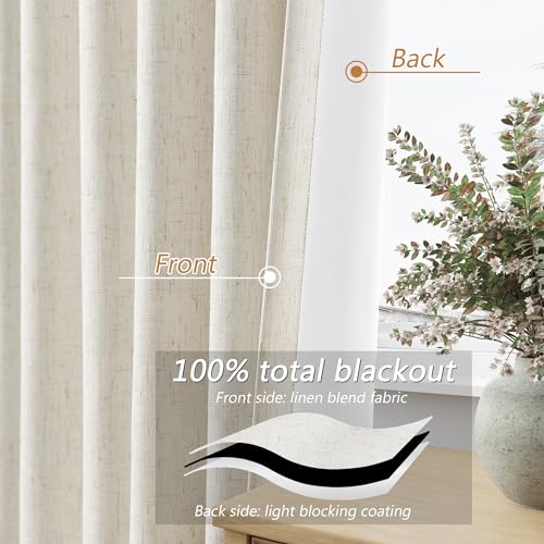 Cream Linen Blackout Curtains 96 Inch Length - Pack of 2, 52" x 96" - Thermal Insulated Room Darkening Drapes for Living Room & Bedroom