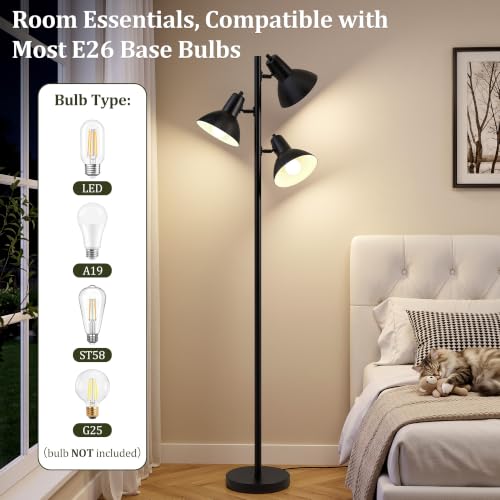 Black 67-Inch Tree Floor Lamp with 3 Adjustable Heads - Modern Living Room Lighting