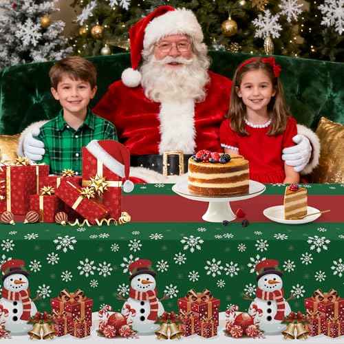 Childom 2 Pack Christmas Tablecloth,Disposable Plastic Tablecloth 54" x 108" Christmas Decorations Xmas Party Supply,Snowman Green Table Cloth,Plastic Table Cover for Indoor,Outside,Home,Dinner,Party