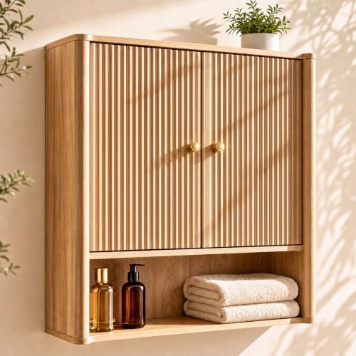 Oak Bathroom Wall Cabinet with Adjustable Shelves - Over Toilet Storage Organizer