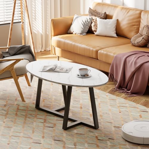 White Black Oval Coffee Table - Small Modern Living Room Side Table with Marble Top