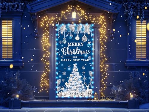 Lighted Christmas Door Cover - Blue Silver Tree Banner for Holiday Decor