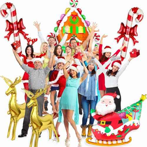 6PCS Christmas Balloons Set - Large Santa, Reindeer, Candy Cane Foil Balloons for Christmas Party Decor