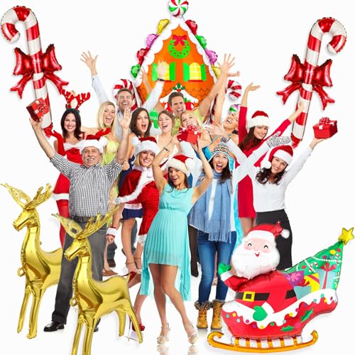 Sleigh Santa Christmas Balloons Set with Reindeer & Candy Cane Foil Balloons - 6PCS Holiday Decor
