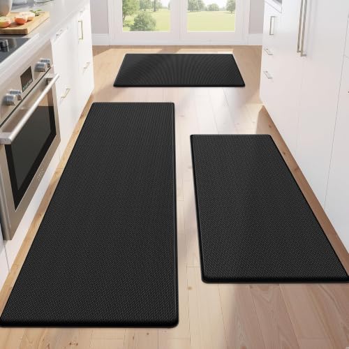 KitchenClouds Black 3-Pack Cushioned Non-Slip Kitchen Floor Mats - Easy-Clean Rugs