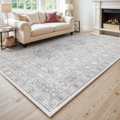 10x12 Grey Washable Area Rug with Non-Slip Backing - Vintage Style Living Room Carpet