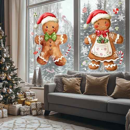 2 Sheets Gingerbread Christmas Window Clings Extra Large Gingerbread Man Window Clings Decals with Snowflakes Candy Xmas Stickers for Home Indoor Winter Party Supplies Holiday Decor 16.9 x 35.4 Inch