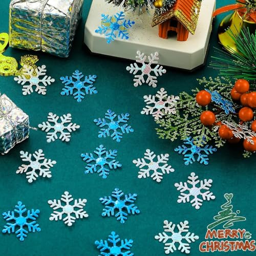 1600 Pieces 3 Size Snowflake Confetti Christmas Snowflake Glitter Confetti Table Decor for Winter Xmas Party Wonderland Party Supplies DIY Craft(White, Blue)