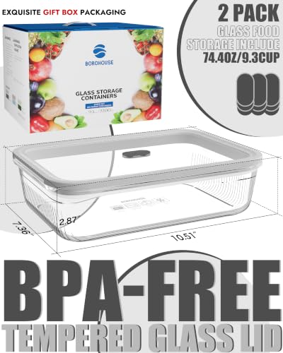 BOROHOUSE 2 Pack Gray 74oz Glass Food Storage Containers with Lids & Steam Valve