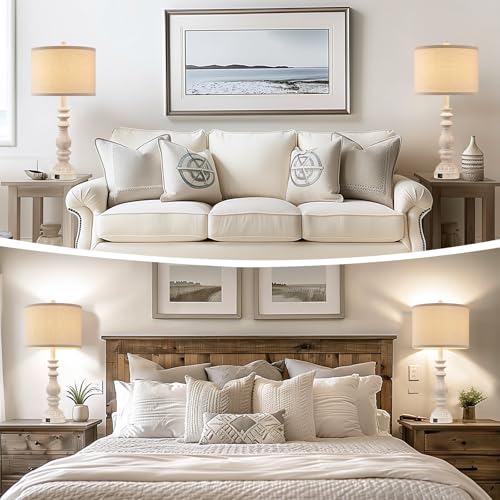 Farmhouse Table Lamps Set of 2 - 28.5in Rustic White Bedroom Nightstand Lamps with USB C+A, Rotary Switch, No Bulbs