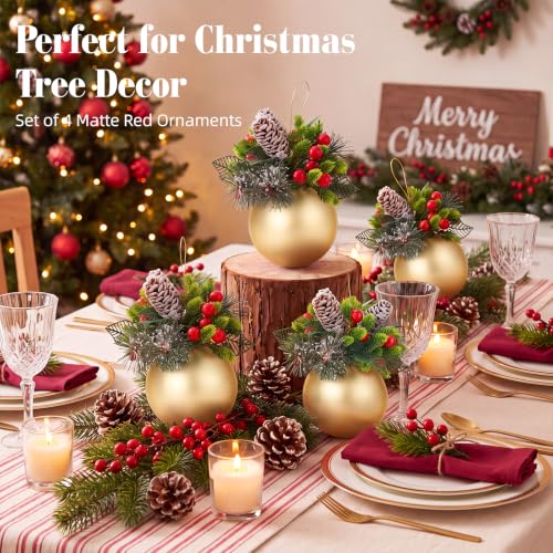 Kadrama Gold 4-Inch Christmas Tree Ball Ornaments - Set of 4 with Rustic Pinecone Accents