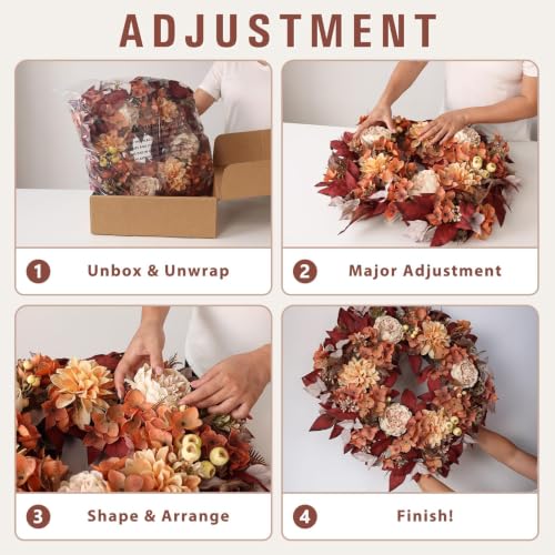 24-Inch Fall Artificial Peony Dahlia Wreath for Front Door Decor - Autumn Leaves