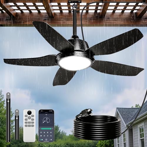 PARTPHONER Black 42 Inch Outdoor Ceiling Fan with Lights, Waterproof, APP & Remote Control