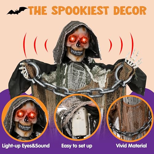 JOYIN Black Grim Reaper Halloween Outdoor Animatronic Decoration, Life Size 67" with Sound & Chain