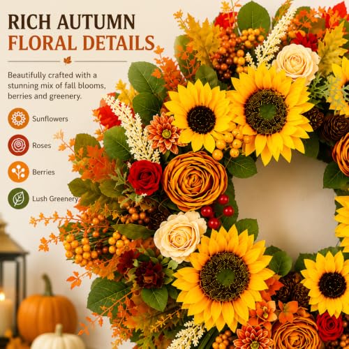 24-Inch Fall Sunflower Wreath for Front Door Autumn Harvest Decor