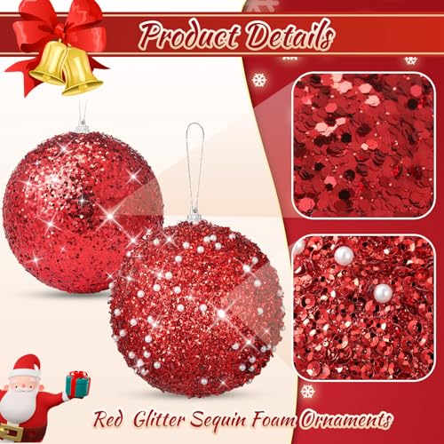 Libima 8-Pack 4 Inch Red Christmas Ball Ornaments Glitter Holiday Decor