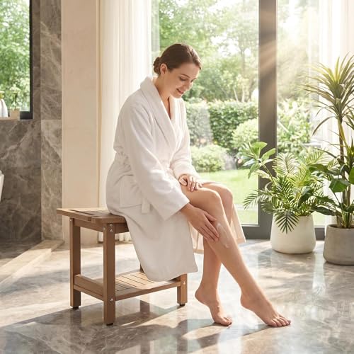 JemKelly Brown Heavy Duty Shower Bench 500LB Waterproof Poly Lumber Seat with Storage & Handrails