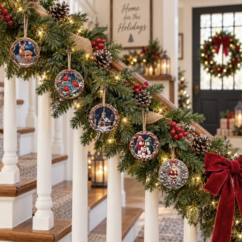 12 Pcs Wooden Snow Scenery Christmas Ornaments, 2.7 Inch Farmhouse Wood Hanging Decor (Mix/12 Pcs)