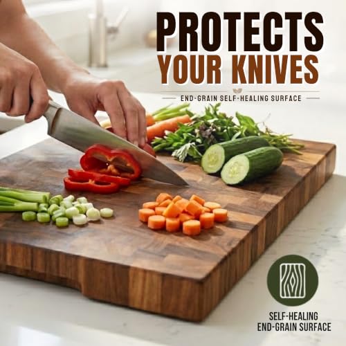 Exotic Suar End Grain Cutting Board 20 x 13 Inch - Heavy Duty Butcher Block with Non-Slip Feet
