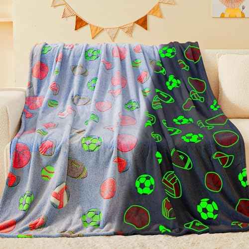 inhand Soccer Glow in The Dark Blanket Football Blanket Soccer Gift Toys for Boys Girls Teen Soft Cozy Kids Throw Blanket Bedroom Decor,Christmas Easter Birthday £¨Blue 50"x60"£©