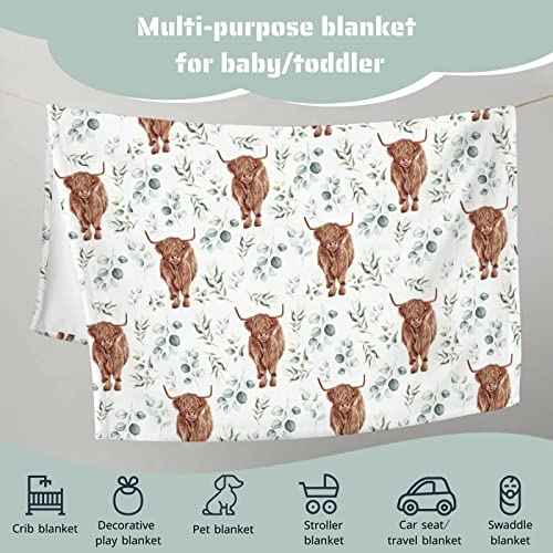 HawSkgFub Highland Cow Eucalyptus Leaf Baby Blanket Boys Shower Gift, Western Cowboy Flannel Fleece Nursery Bed Receiving Swaddle, Soft Lightweight Newborn Infant Crib Toddler Bedding 30 x 40