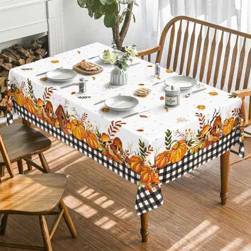 Horaldaily Fall Tablecloth 52x70 Inch Rectangular, Thanksgiving Autumn Harvest Pumpkin Mushroom Black Buffalo Plaid Table Cover for Party Picnic Dinner Decor