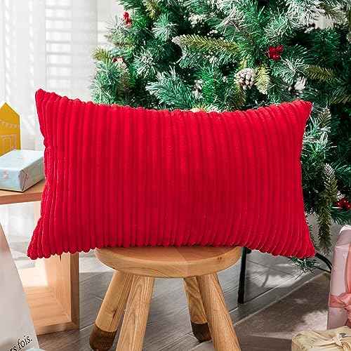UGASA Christmas Decor Pillow Covers Velvet Striped Pillow Cover Lumbar Cushion Case for Lumbar, 1 Piece, 12x20-inch (30x50cm),Red