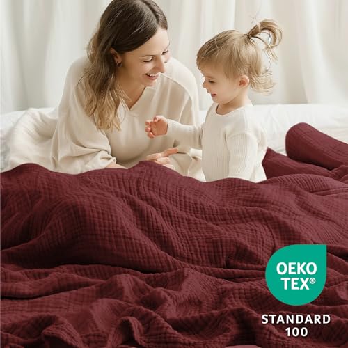 Kozyhvn 6-Layer Cotton Muslin Blanket for Adults, California King 120x90 Burgundy