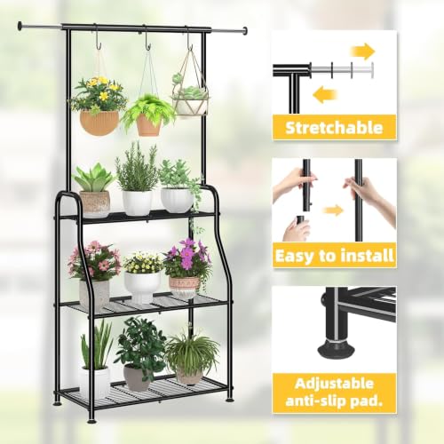 3-Tier Rectangular Heavy Duty Metal Plant Stand with Extendable Hanging Rod - Indoor Outdoor Garden Shelf
