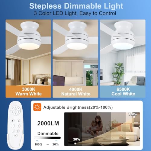 Putroad 42 Inch White Flush Mount Ceiling Fan with Light & Remote - Low Profile, Dimmable, Reversible DC Motor, 6-Speed