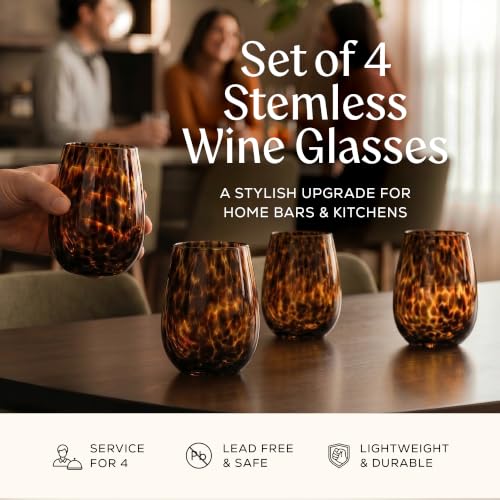 Tortoise Shell Stemless Wine & Water Glass Set - 4 Pack, 16.91 oz Borosilicate Drinkware