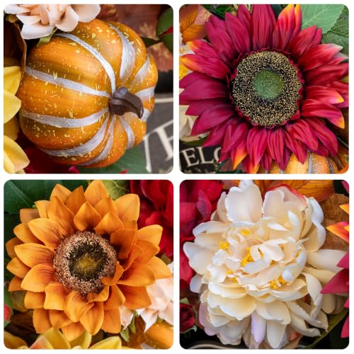 24 Inch Fall Wreath with Pumpkins and Sunflowers - Rustic Autumn Door Decor - NaturaWre Pumpkin Wreath