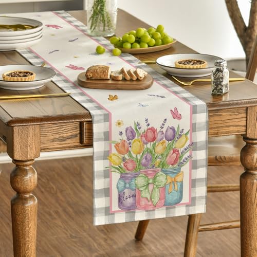 Artoid Mode Buffalo Plaid Floral 13x120 Table Runner – Black/Silver