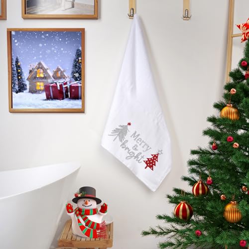Red Christmas Bathroom Towels Set of 3 - Embroidered Cotton Holiday Hand & Face Towels