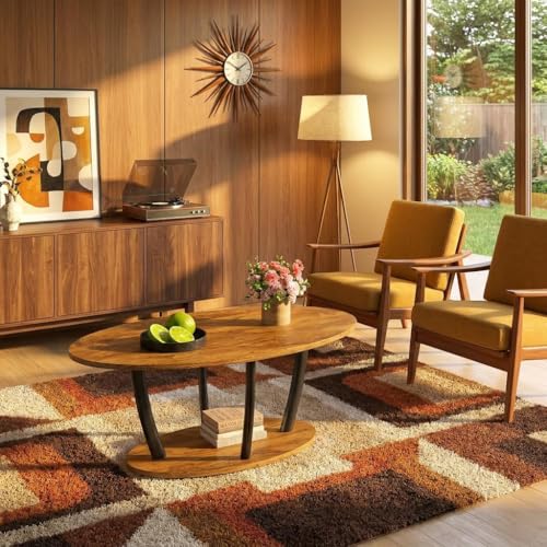 Manora Rustic Oval Coffee Table with Storage Shelf - Brown, 2-Tier Farmhouse Living Room Table