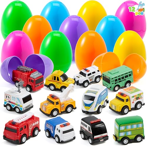 JOYIN 12 Pcs Prefilled Easter Eggs with Toys, Plastic Easter Eggs with Animal Cars for Kids Gift, Basket Stuffers, Classroom Prize Supplies, Party Favors