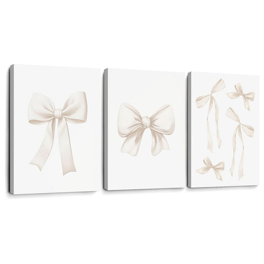 Beige Bow Canvas Wall Art,Coquette Preppy Bow Aesthetic Paintings Pictures Wall Decor Poster Print Artwork Beige Bow Poster Prints for Girls Room Bedroom Dorm Home Decor Wrapped Canvas