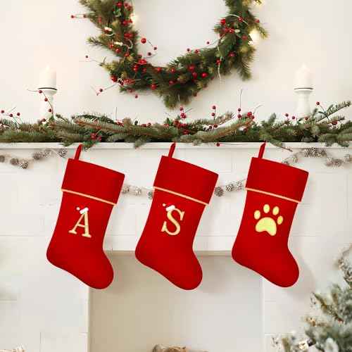 Personalized Christmas Stockings with Initials, 20 Inches Large Red Velvet Embroidered Monogram Xmas Stocking for Family Holiday Party Gifts Fireplace Decor(Letter J)
