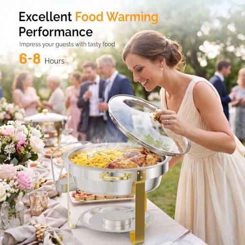 5QT Chafing Dish Buffet Set - Gold Accent, Round Stainless Steel, 4 Pack