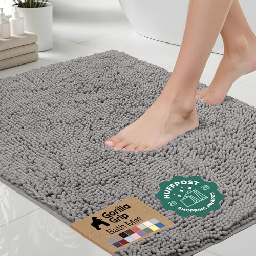 GORILLA GRIP Gray 48x24 Inch Absorbent Chenille Bath Rug Mat - Ultra Soft & Quick-Drying